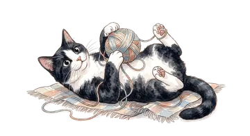 A playful tuxedo cat rolling on a blanket with a ball of yarn