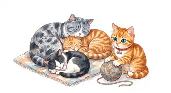 A cozy pile of sleepy kittens with one playing with yarn