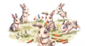 A meadow full of cute spotted bunnies with carrots